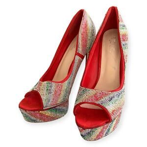 Red Colorful Rainbow Rhinestone Platform Stiletto Pumps Size 9 Heels Open Toe
